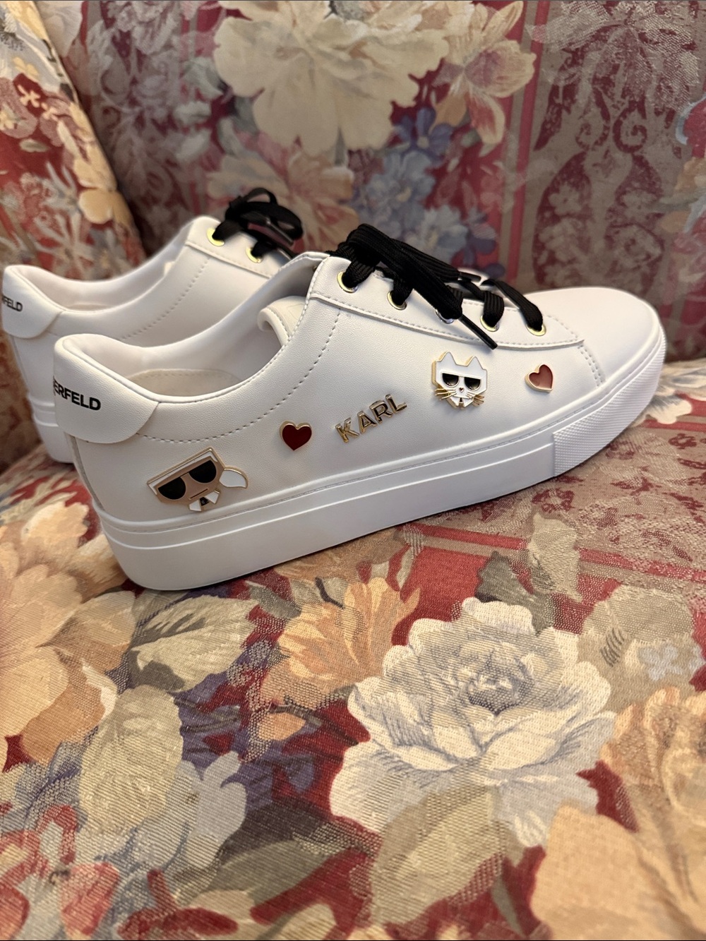 Karl Lagerfeld White Sneakers with Black Laces and Gold Accents. Brand New
